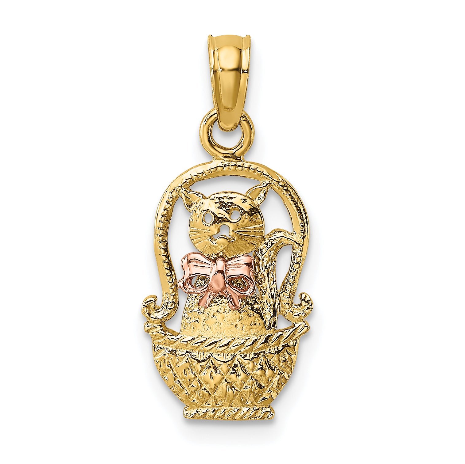 10k Two-Tone Cat w/ Bow In Basket Charm Main image