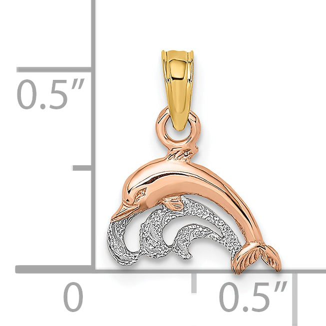 10K Two-Tone W/White Rhodium Dolphin and Wave Charm