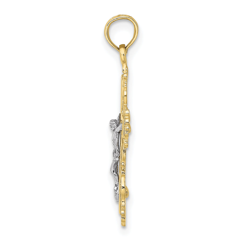 10K Two-Tone Gold Two-tone Textured w/ Lace Trim Crucifix Charm - view 2