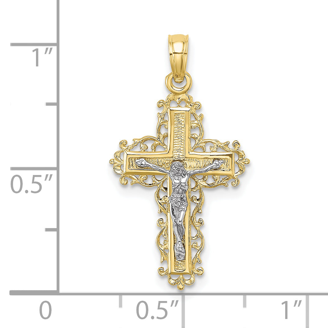 10K Two-Tone Gold Two-tone Textured w/ Lace Trim Crucifix Charm - view 3