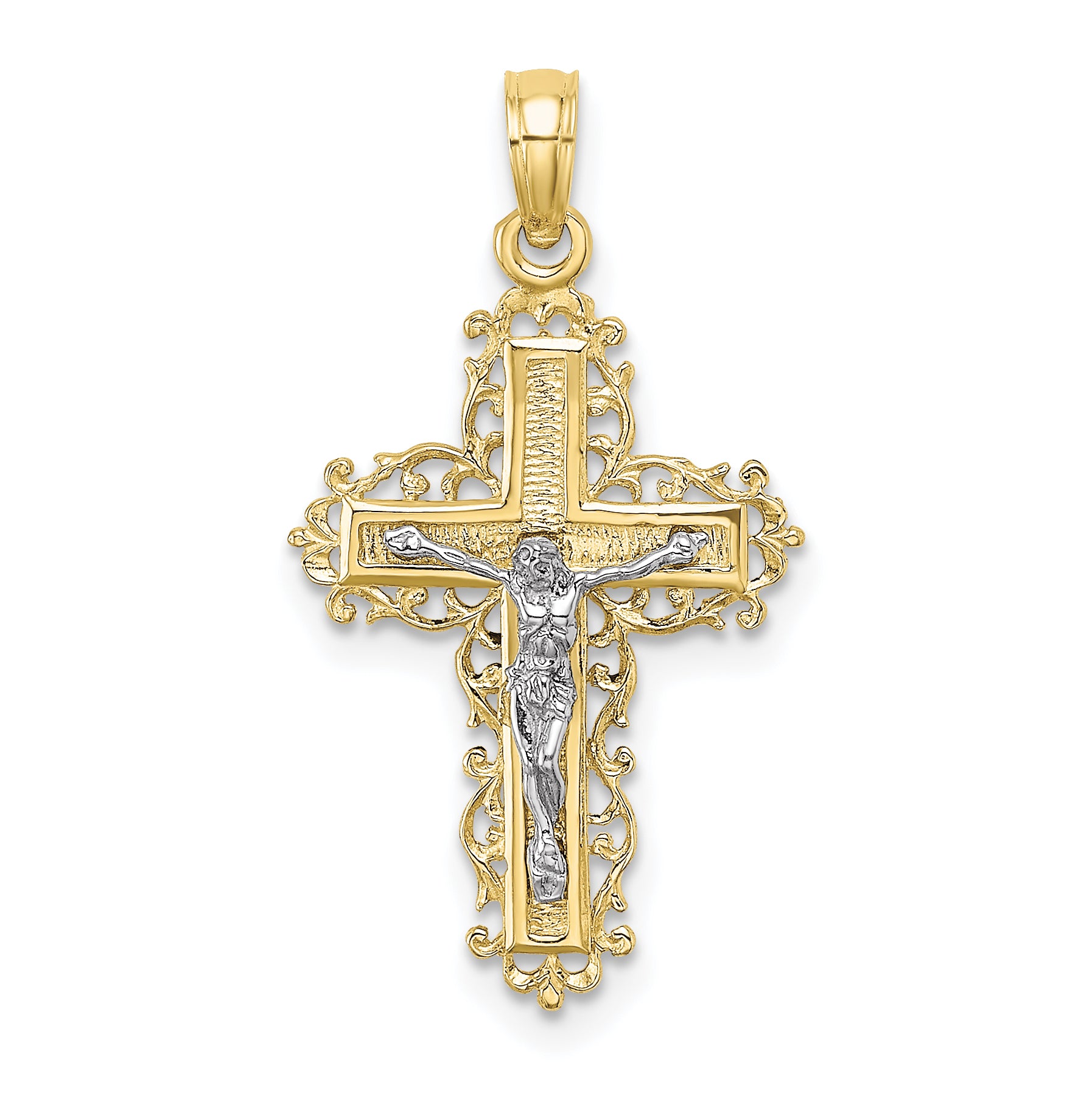 10K Two-Tone Gold Two-tone Textured w/ Lace Trim Crucifix Charm Main image