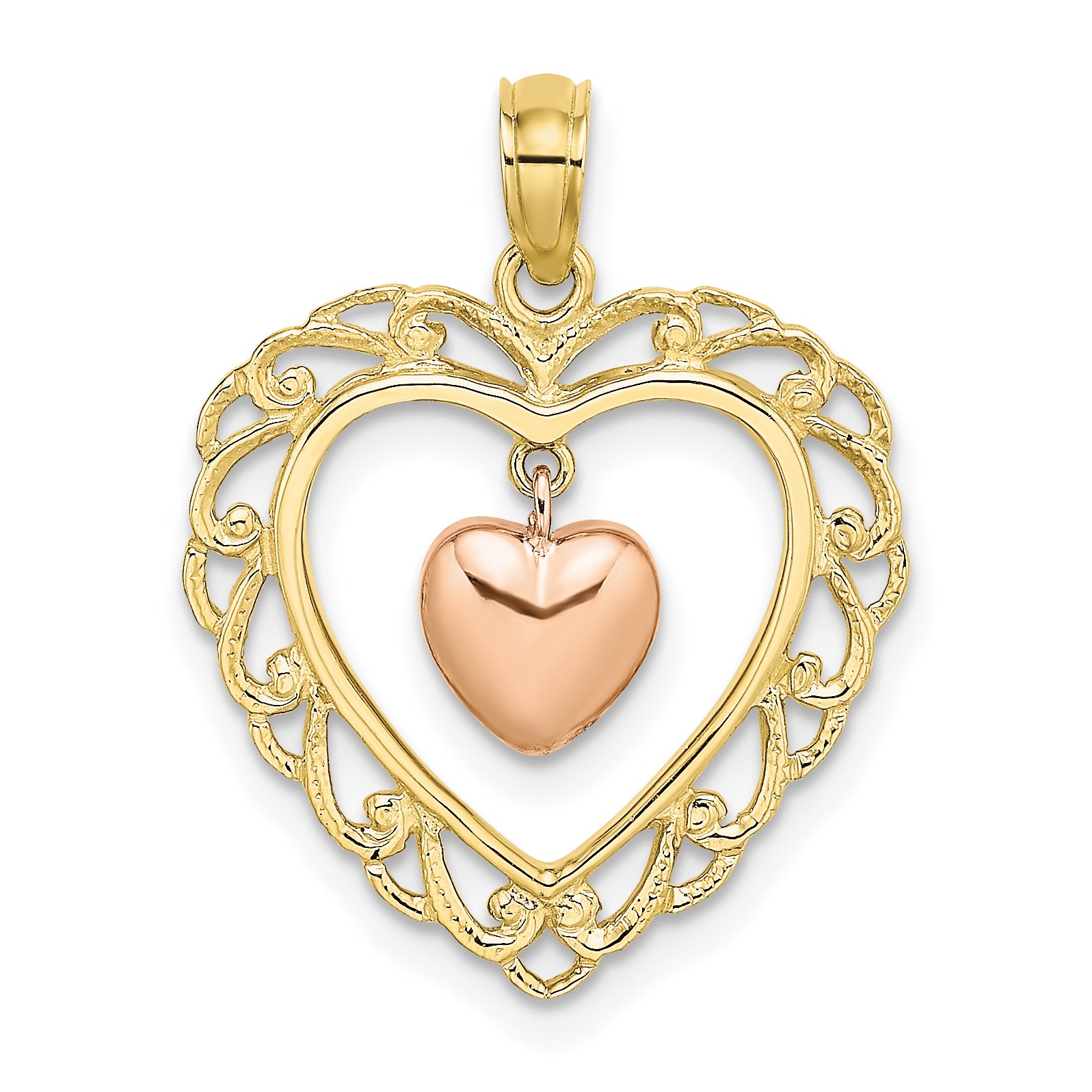 10k Yellow and Rose Gold Polished Dangling Heart In Heart Charm Main image