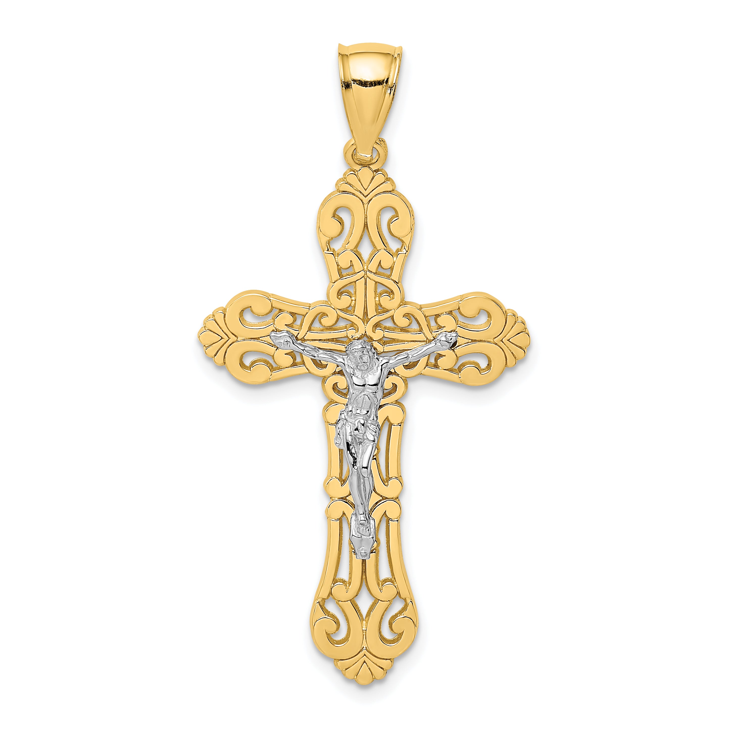 10K W/ Rhodium Crucifix W/ Scrolled Tips Charm