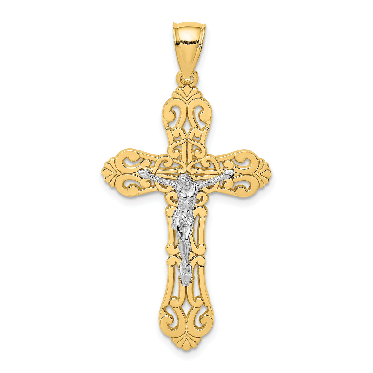 Crucifix Charm in 10K Two-Tone Gold with Scrolled Tips, 43mm - Sophia Jewelers Main image