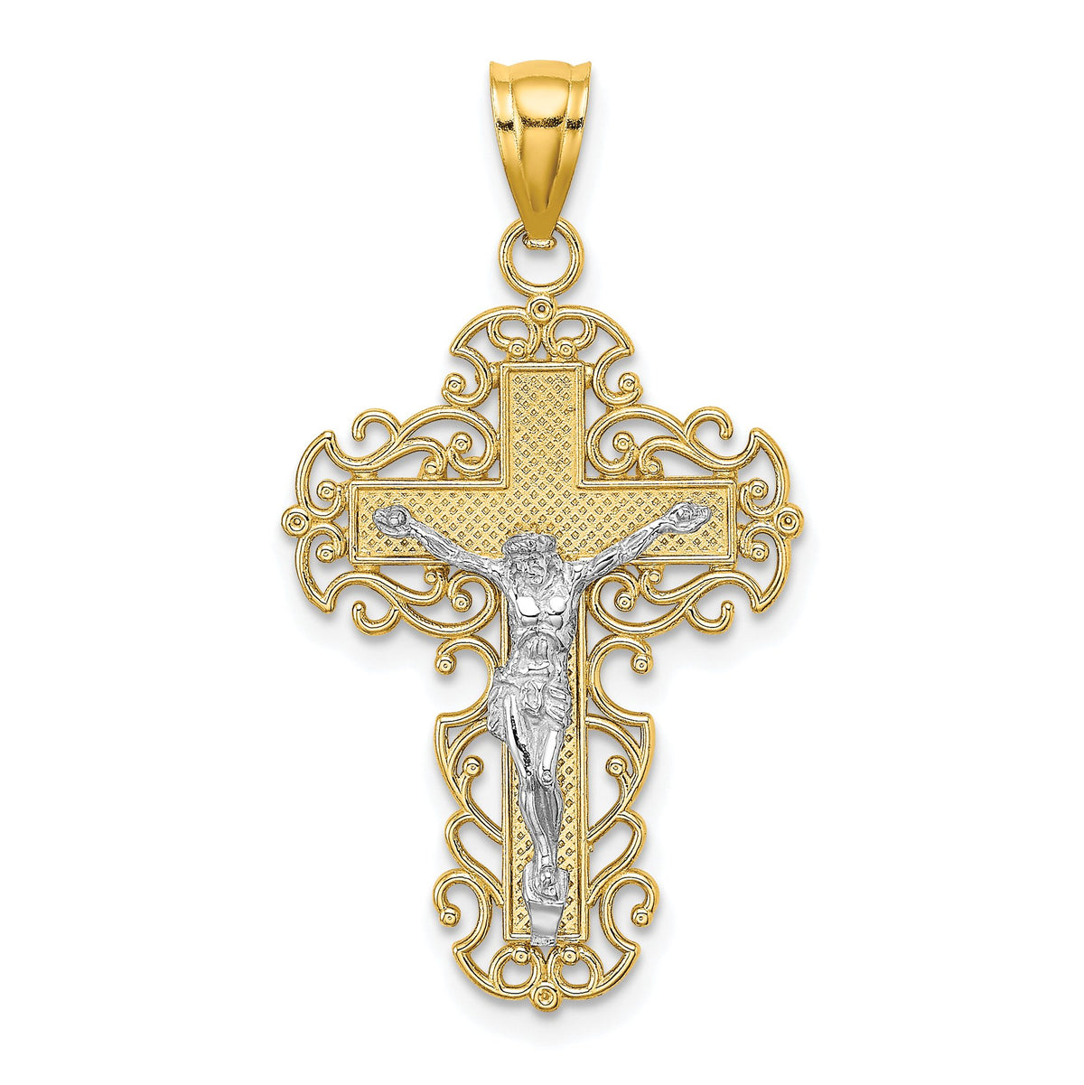 Lace Trim Crucifix Charm in 10K Two-Tone Gold, 33mm - Sophia Jewelers Main image