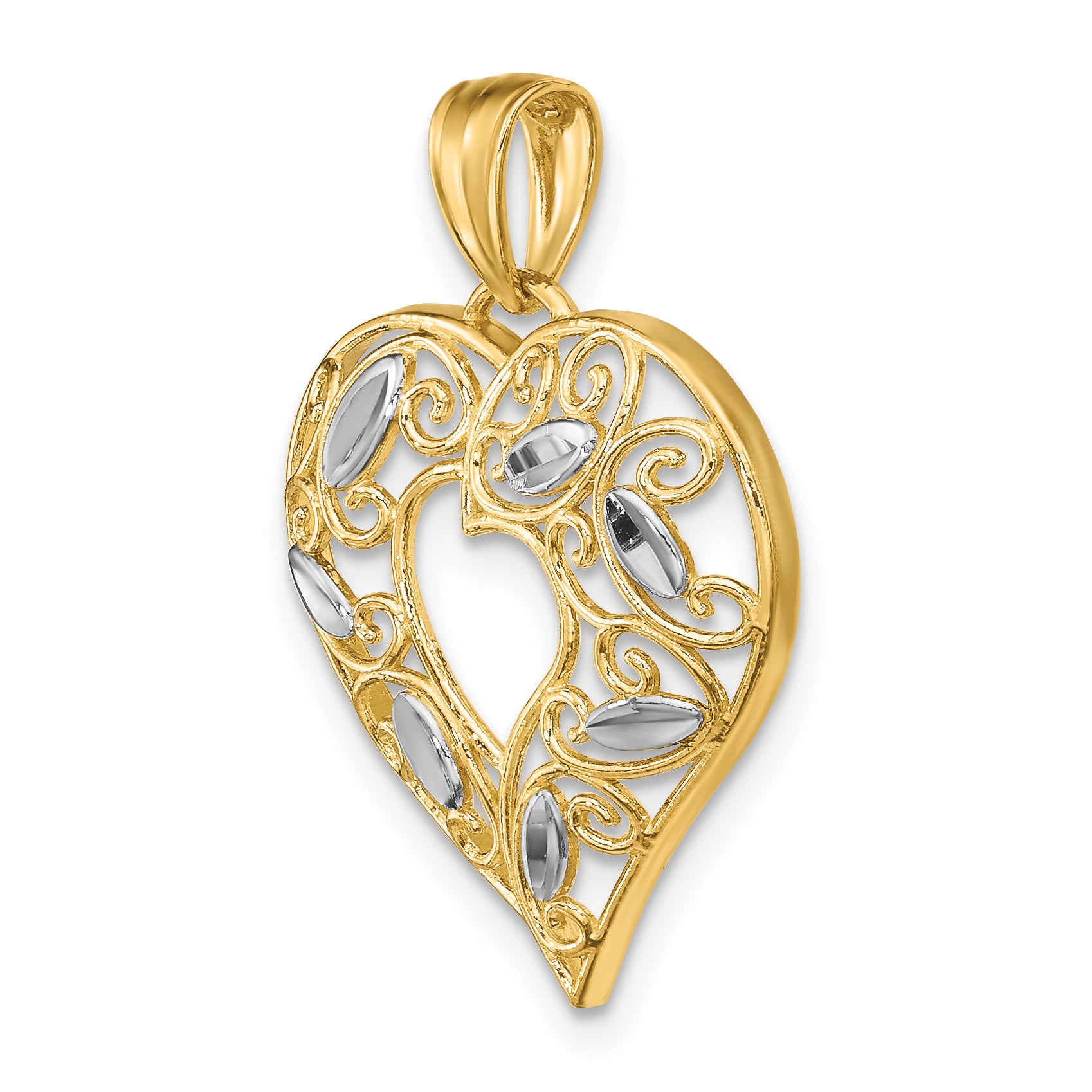 10K W/ Rhodium D/C Filigree Heart Charm