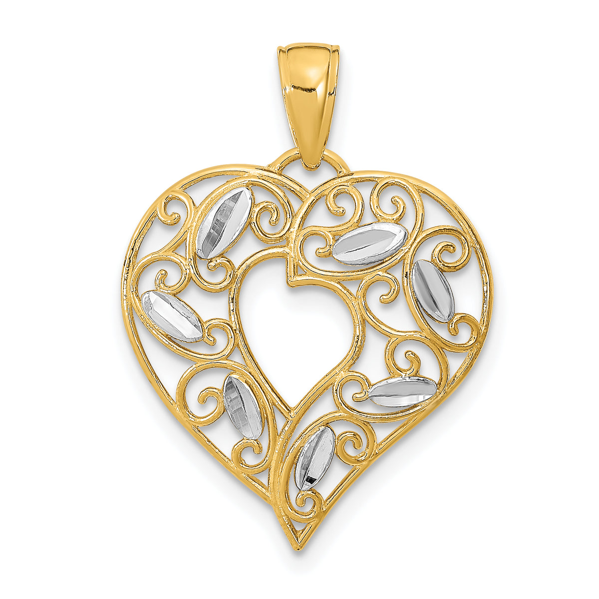 10K W/ Rhodium D/C Filigree Heart Charm