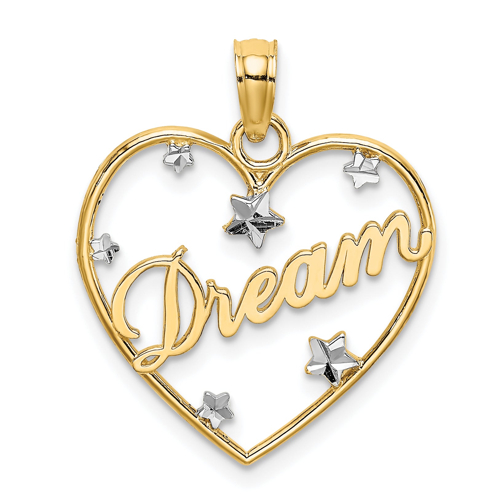 10K None and White Rhodium DREAM In Heart with Diamond-cut Star Accents Charm Main image