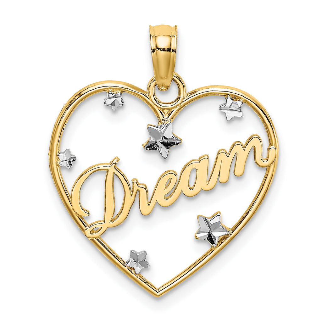 10K None and White Rhodium DREAM In Heart with Diamond-cut Star Accents Charm