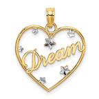 10K None and White Rhodium DREAM In Heart with Diamond-cut Star Accents Charm