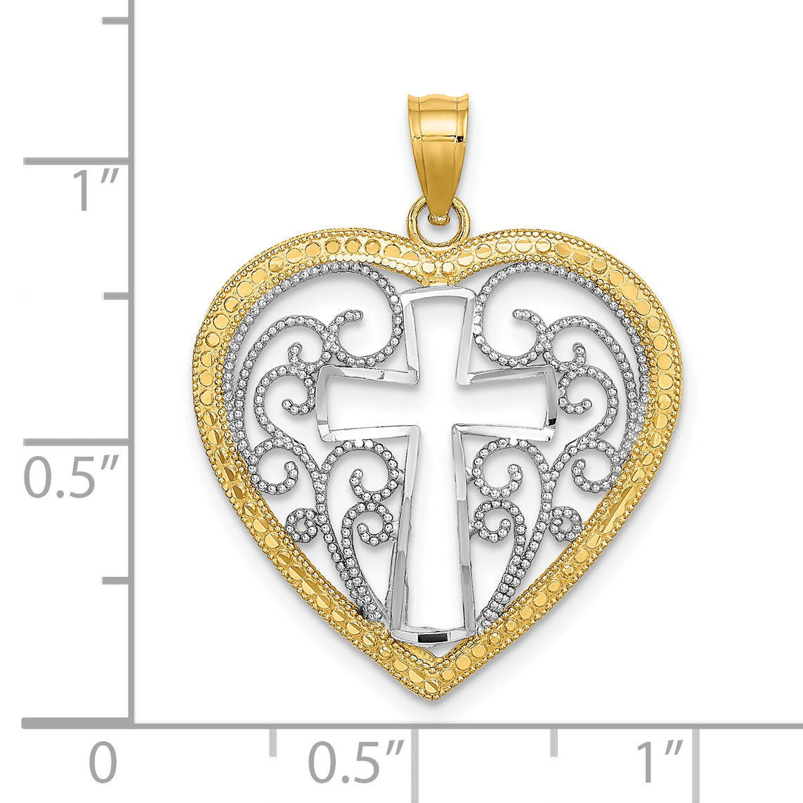 10K W/ RhodiumCut-Out Beaded Filigree Heart W/ Cross Charm
