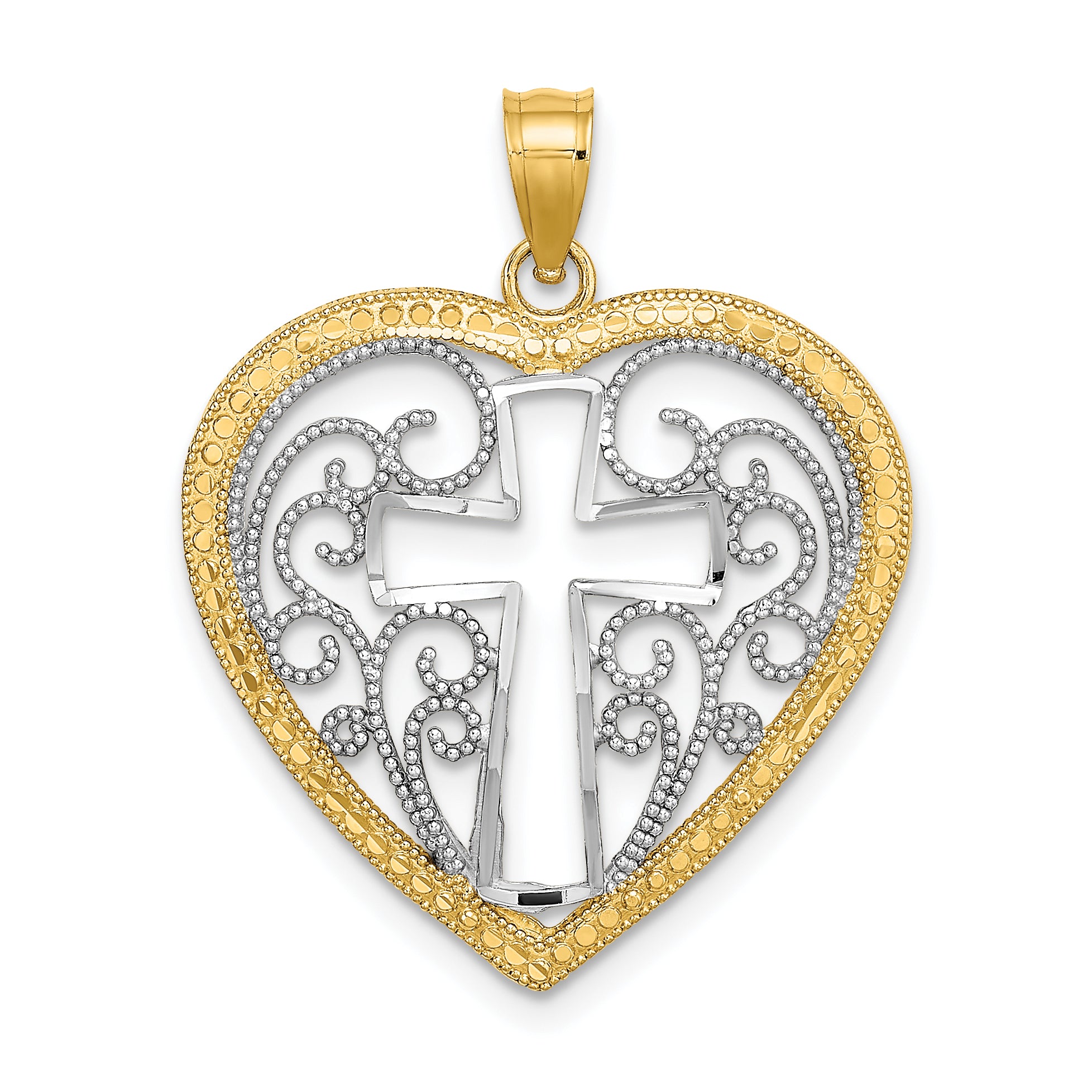 10K W/ RhodiumCut-Out Beaded Filigree Heart W/ Cross Charm