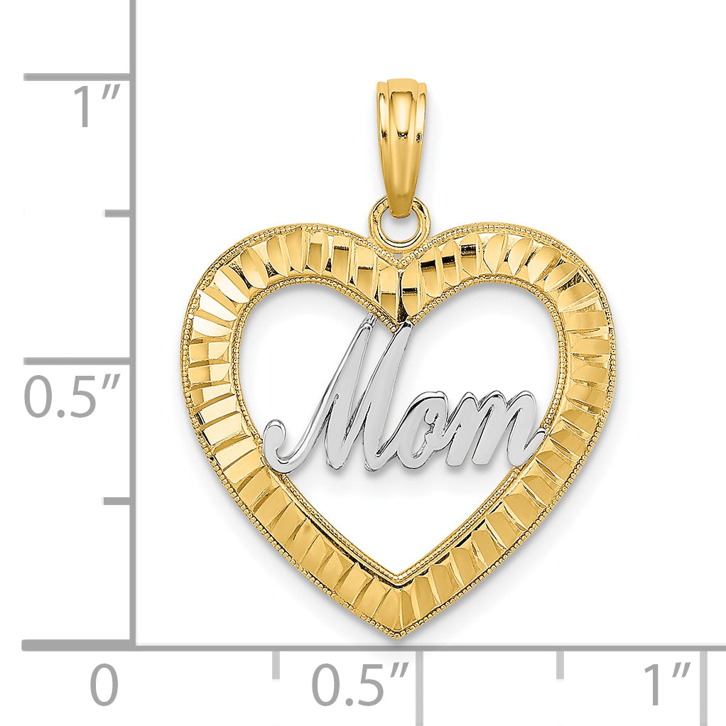 10K W/ Rhodium D/C Heart Frame MOM Charm