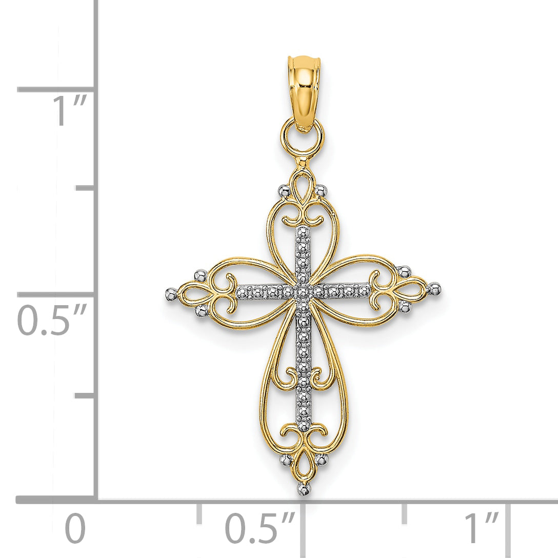 10K W/ Rhodium Beaded Cross Charm