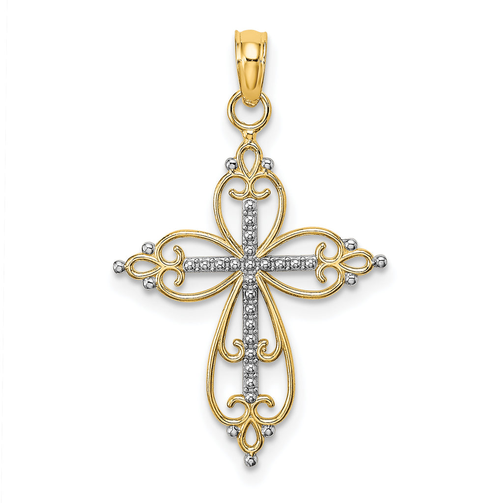 10K W/ Rhodium Beaded Cross Charm