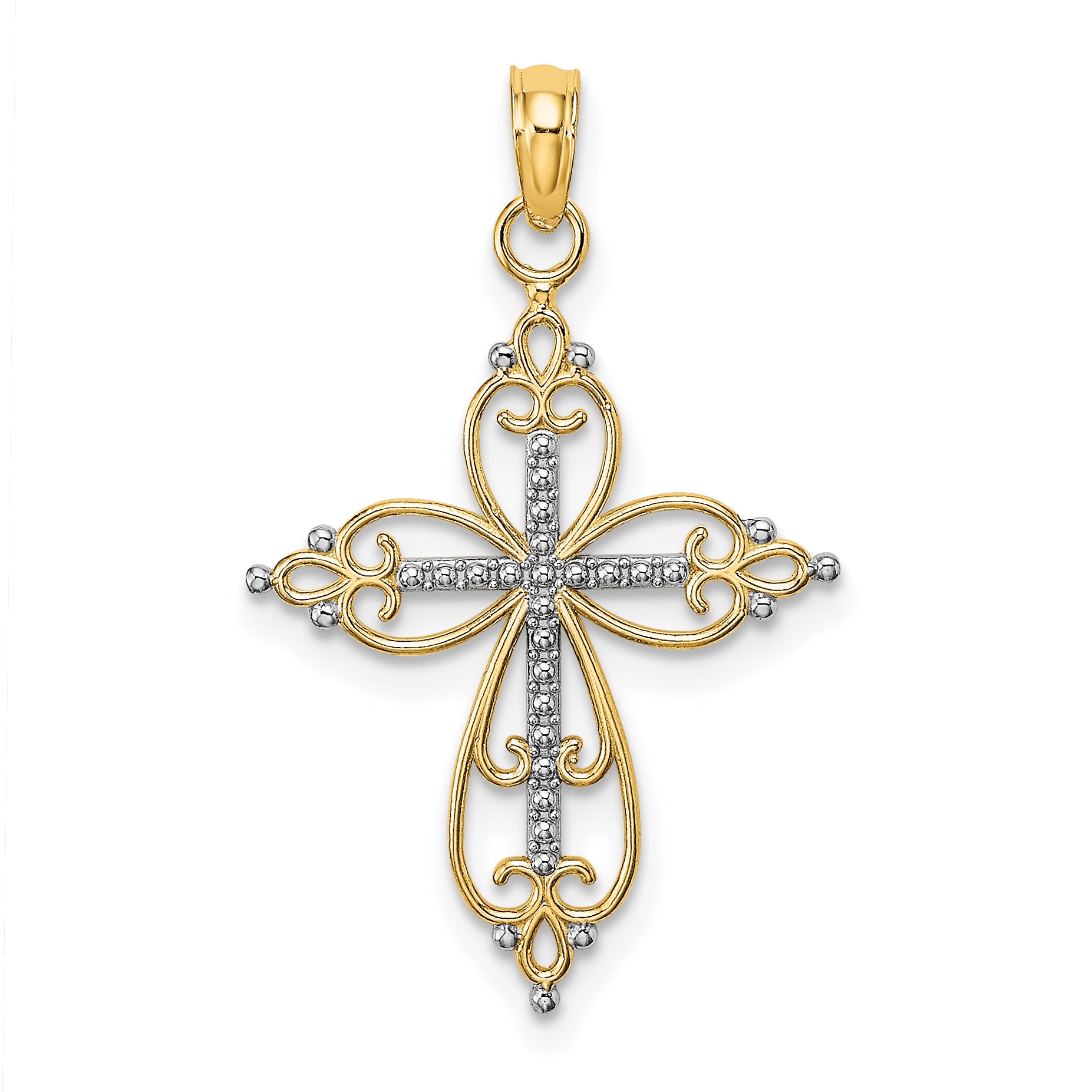 10K W/ Rhodium Beaded Cross Charm