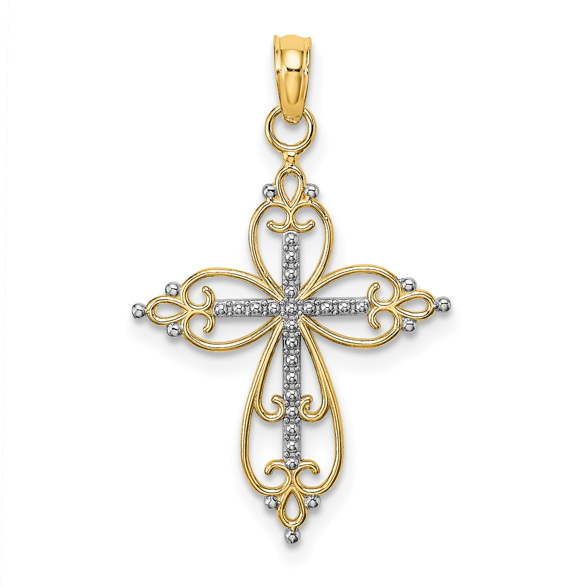 10K W/ Rhodium Beaded Cross Charm