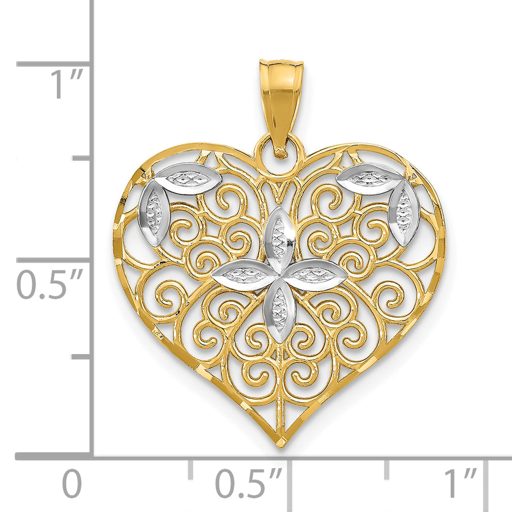 10k w/Rhodium Cut-Out Filigree Flower and Heart Charm