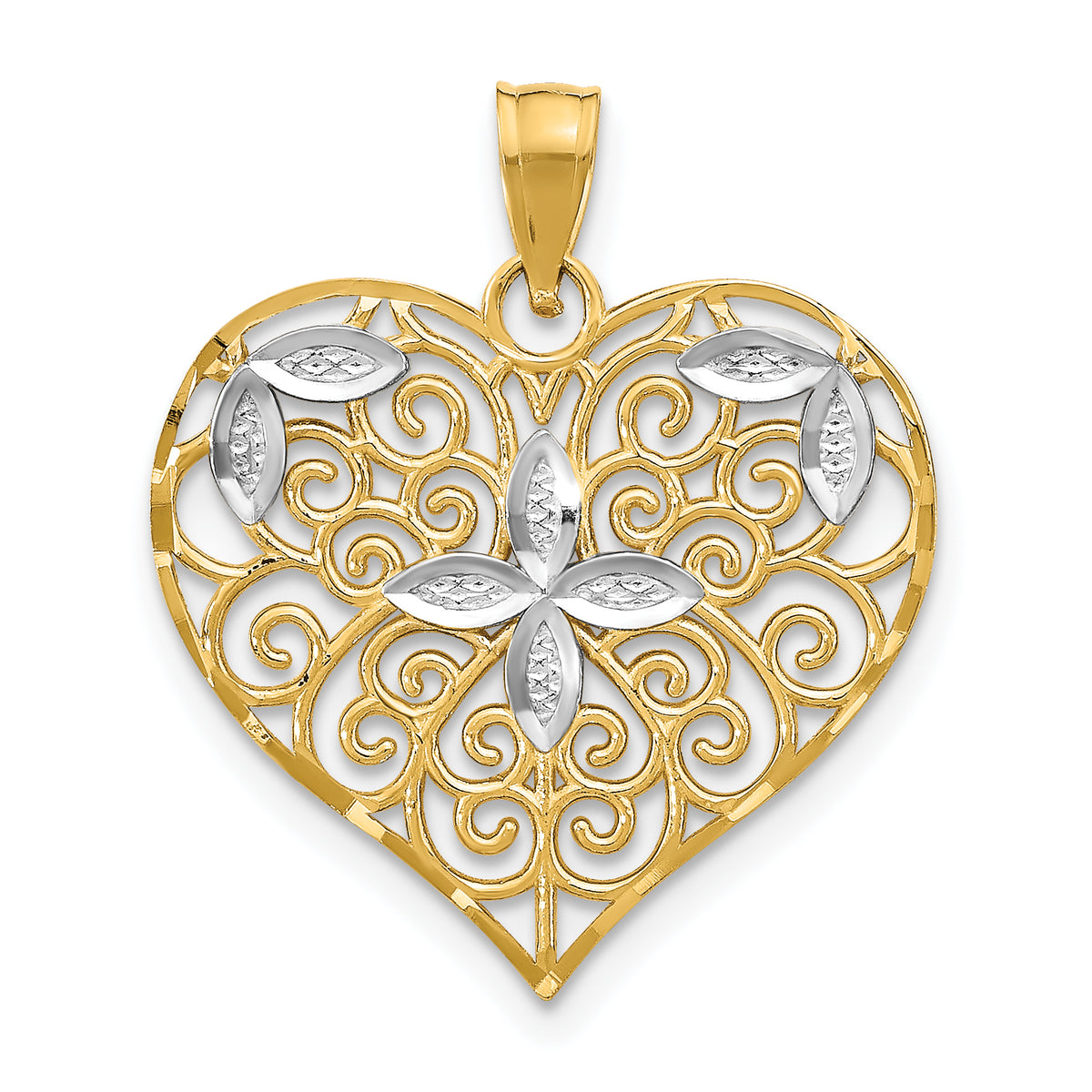 10k w/Rhodium Cut-Out Filigree Flower and Heart Charm