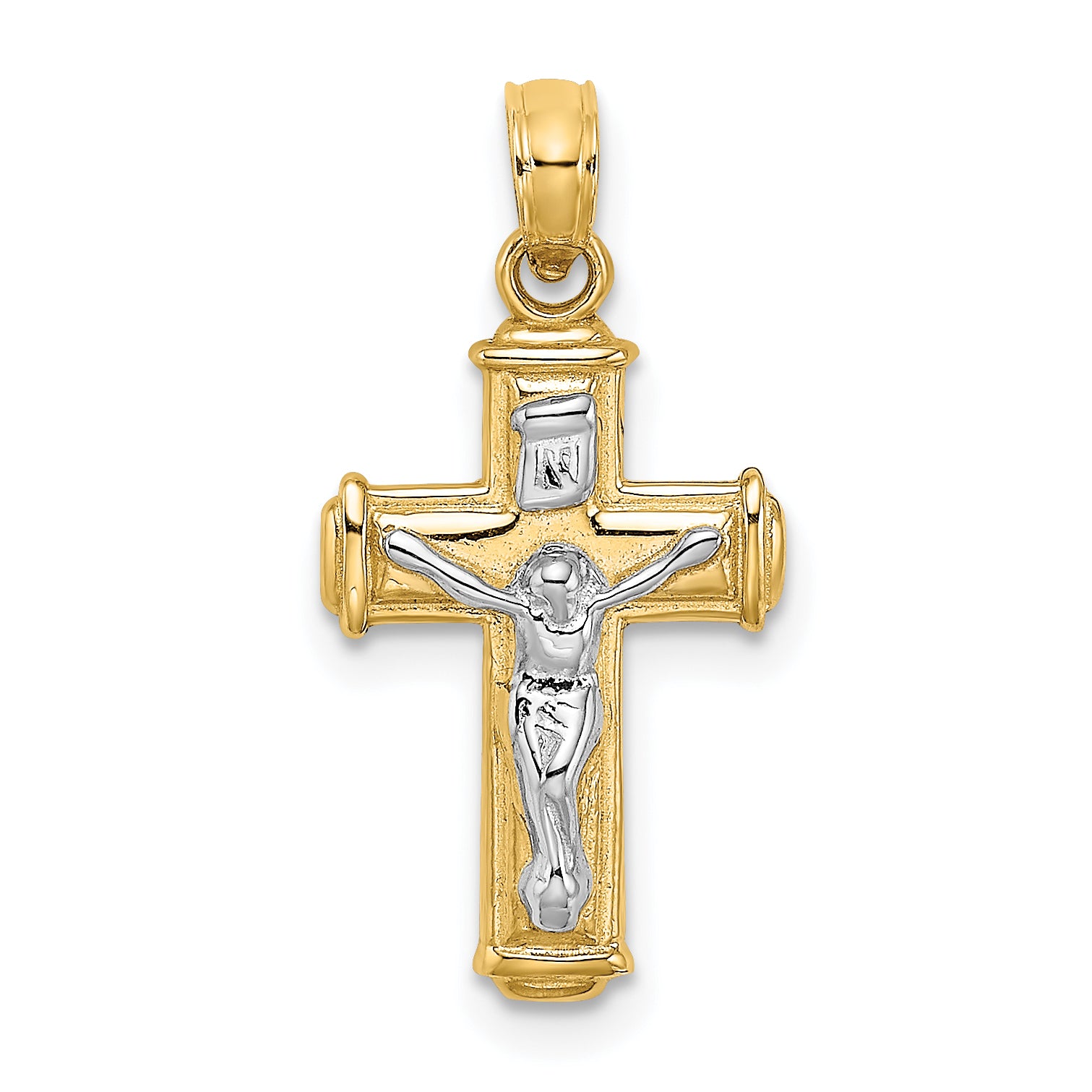 10K W/ Rhodium Polished Block Crucifix INRI Charm Main image