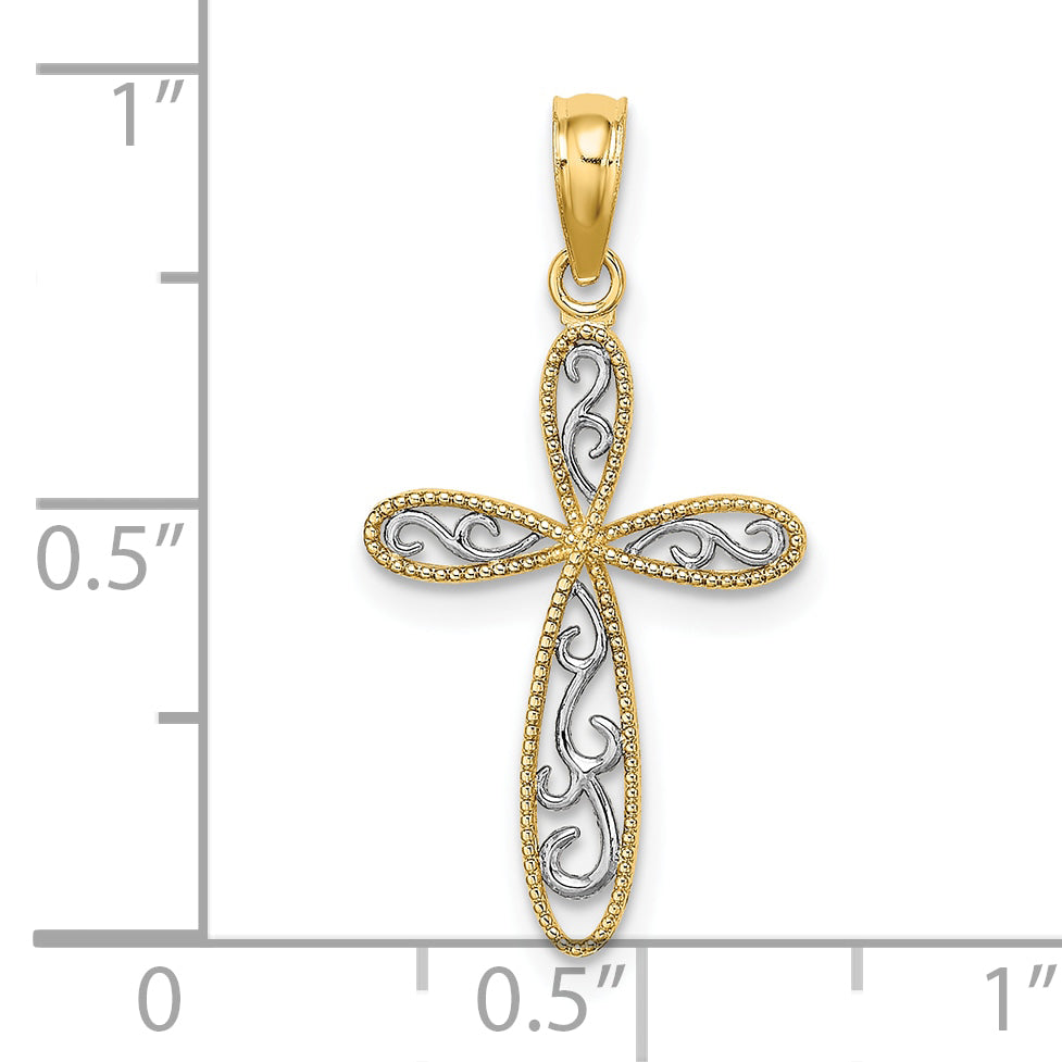 10K w/ Rhodium Filigree and Milgrain Cross Charm