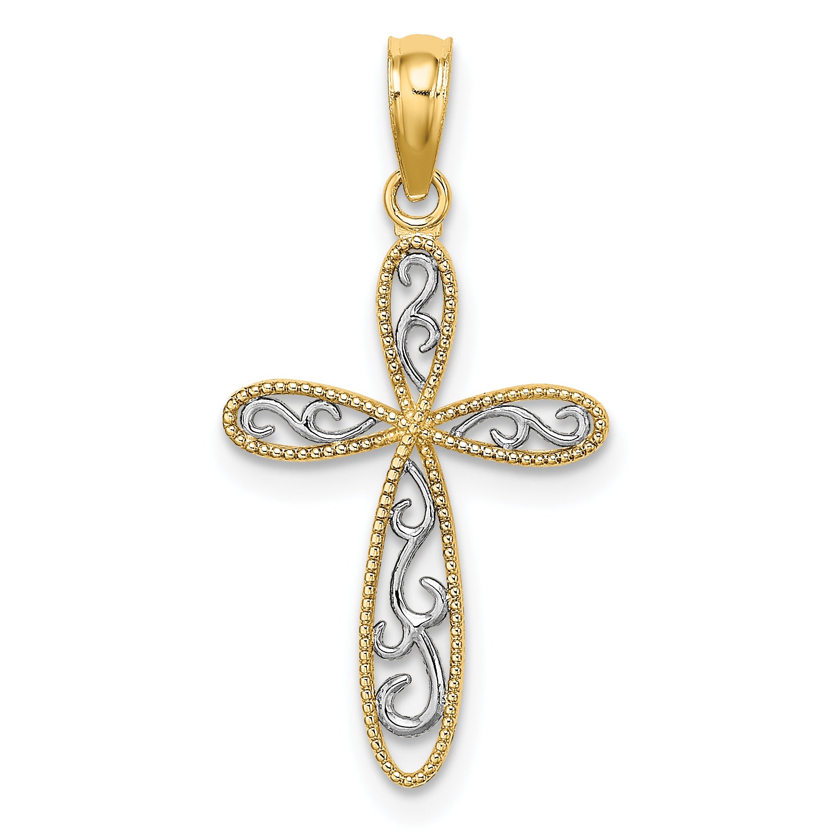 10K w/ Rhodium Filigree and Milgrain Cross Charm Main image