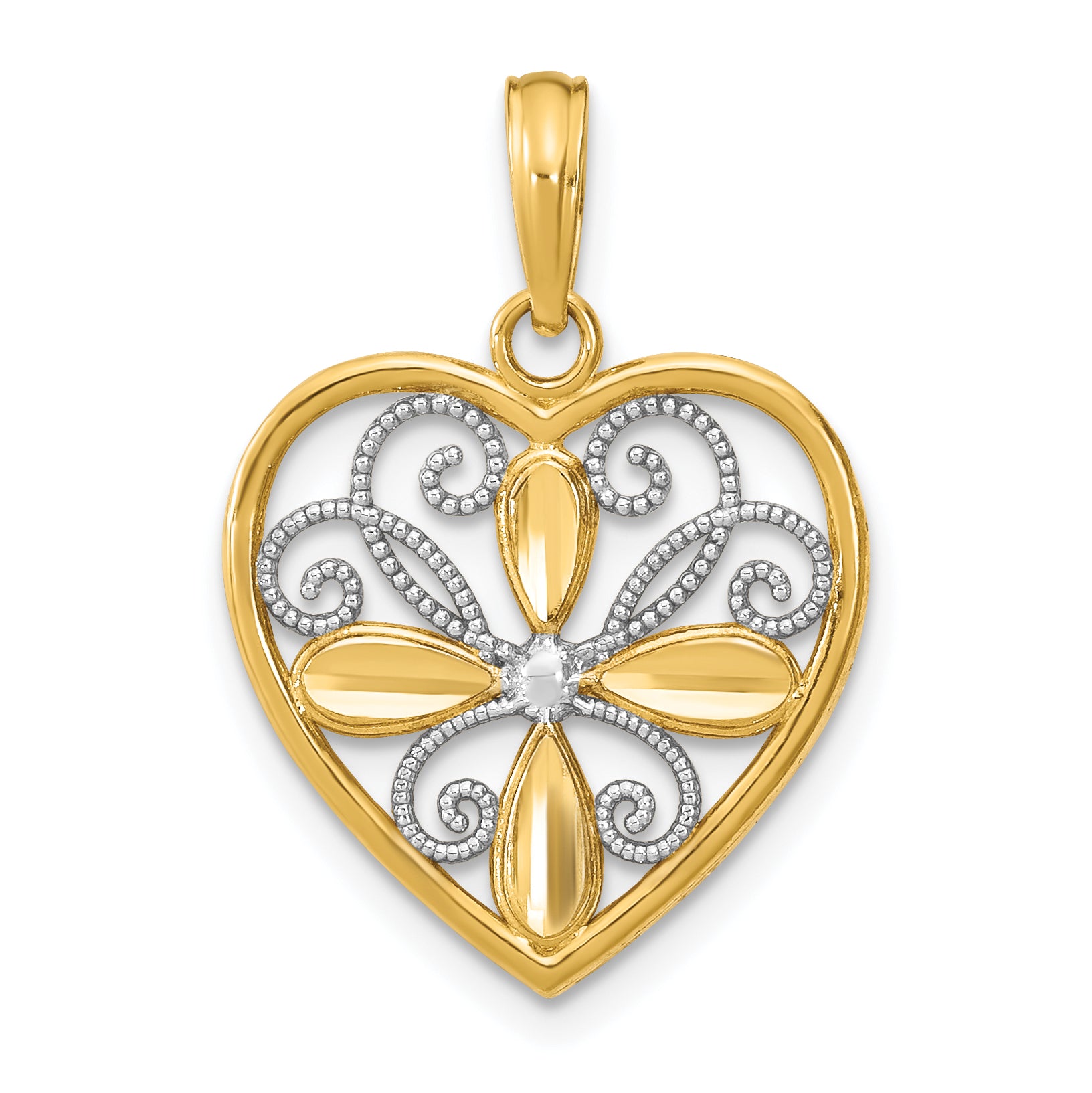 10K W/ Rhodium Beaded Filigree Fashion Heart Charm Main image