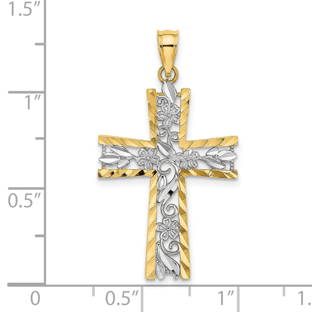 10K W/ Rhodium and D/C Flower Design Cross Charm
