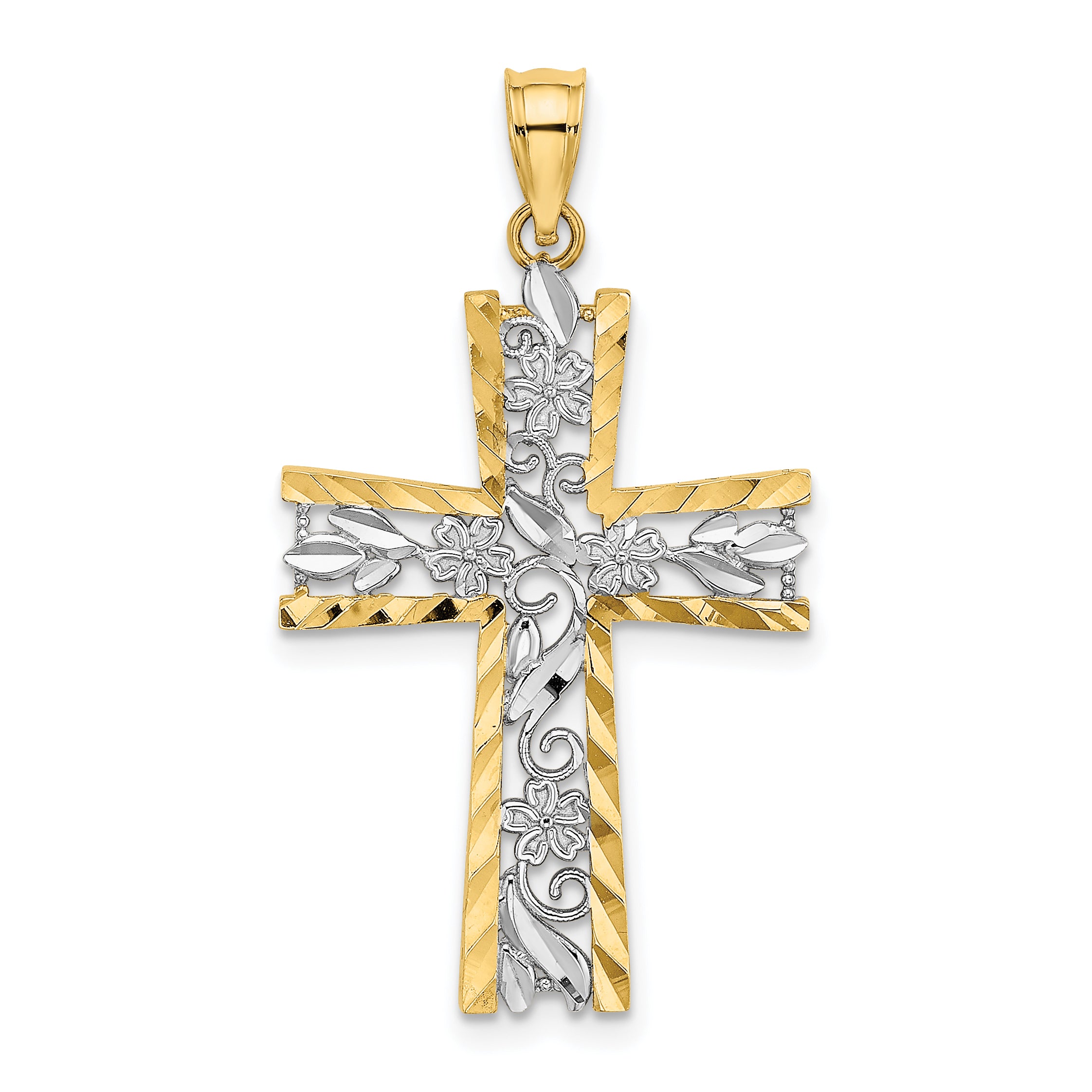 10K W/ Rhodium and D/C Flower Design Cross Charm Main image
