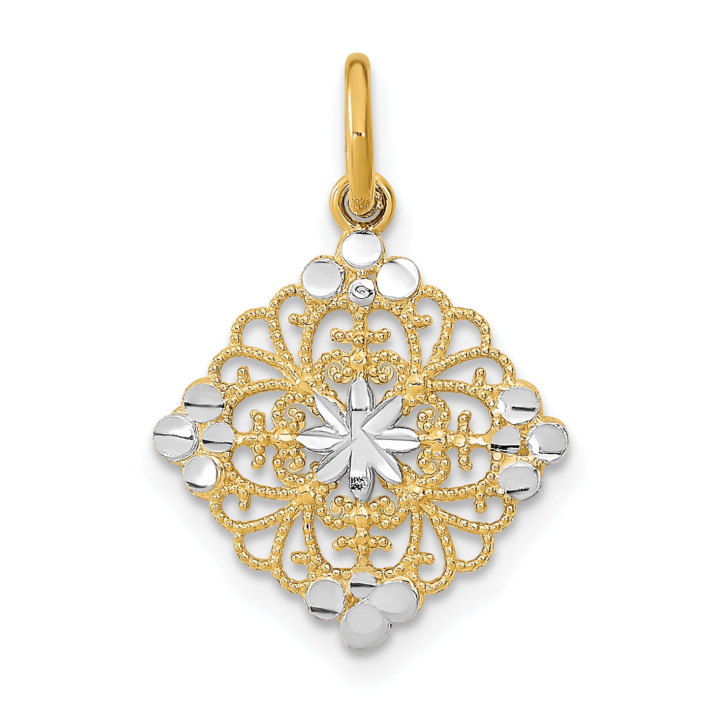 10K w/Rhodium and D/C Filigree Medallion Charm