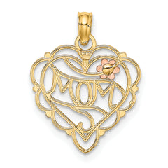 10K Two-Tone w/Rhodium MOM Heart W/ Flower Charm