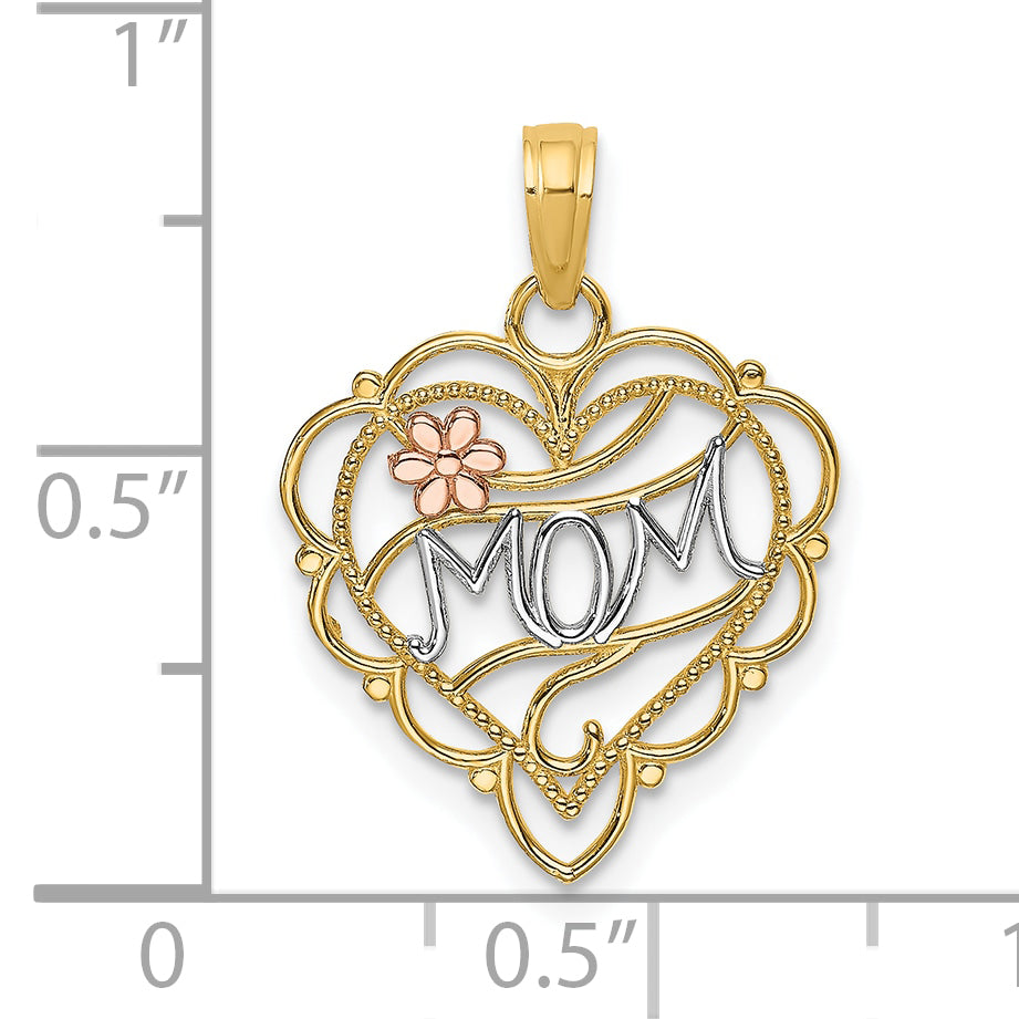 10K Two-Tone w/Rhodium MOM Heart W/ Flower Charm