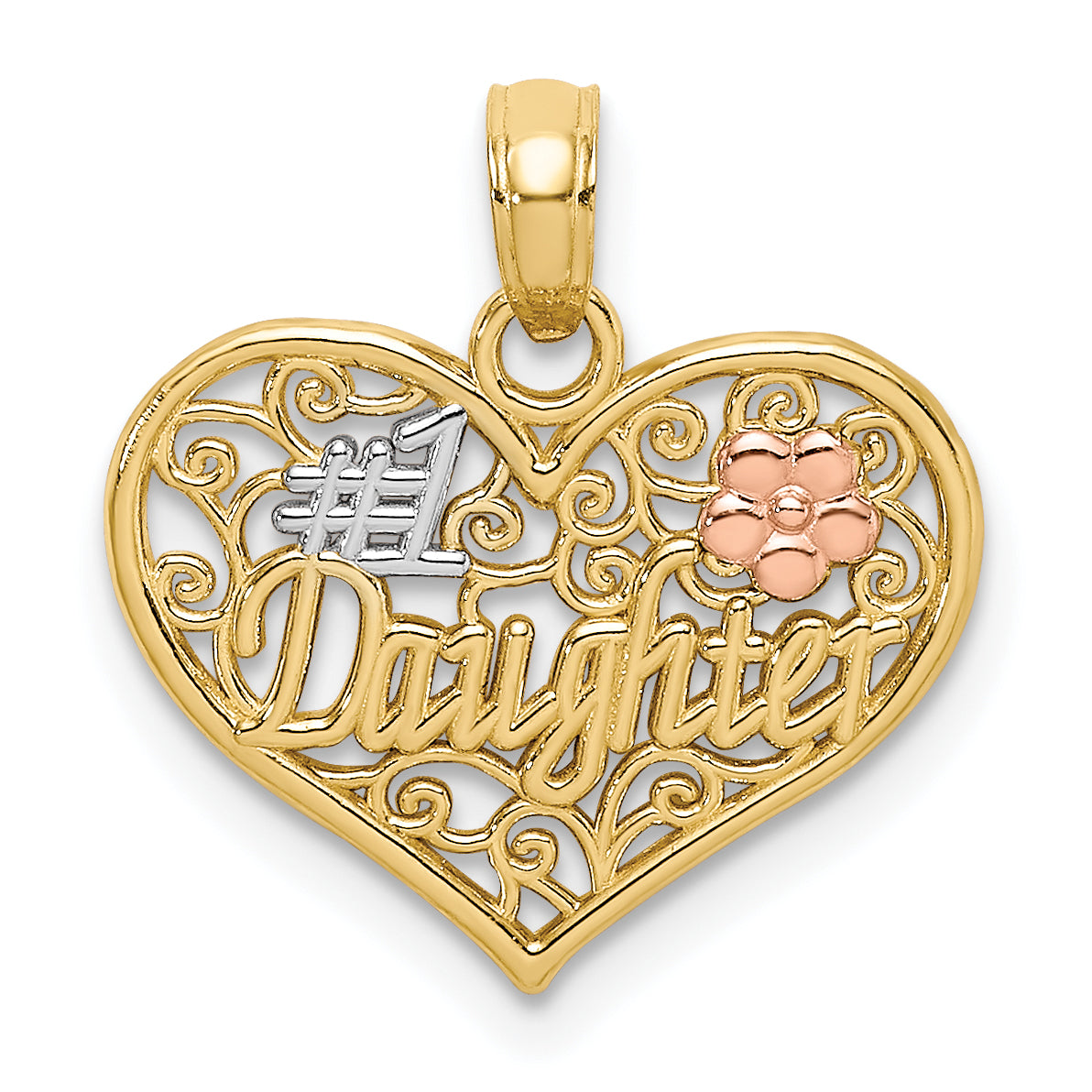 10K Two-tone w/White Rhodium #1 DAUGHTER In Heart Charm Main image