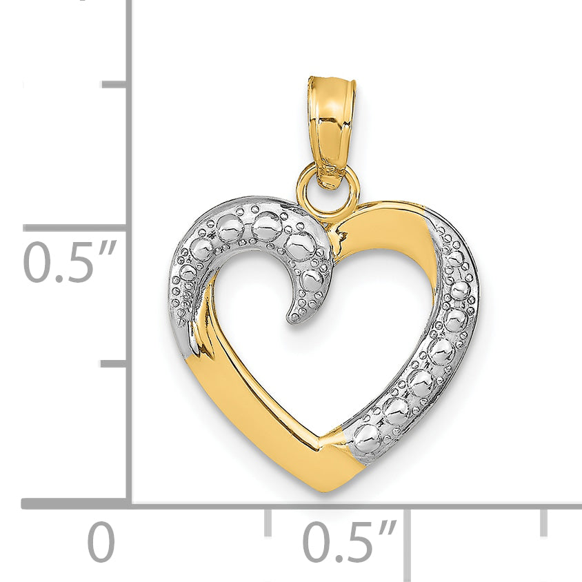 10K w/Rhodium Polished and Textured Heart Pendant