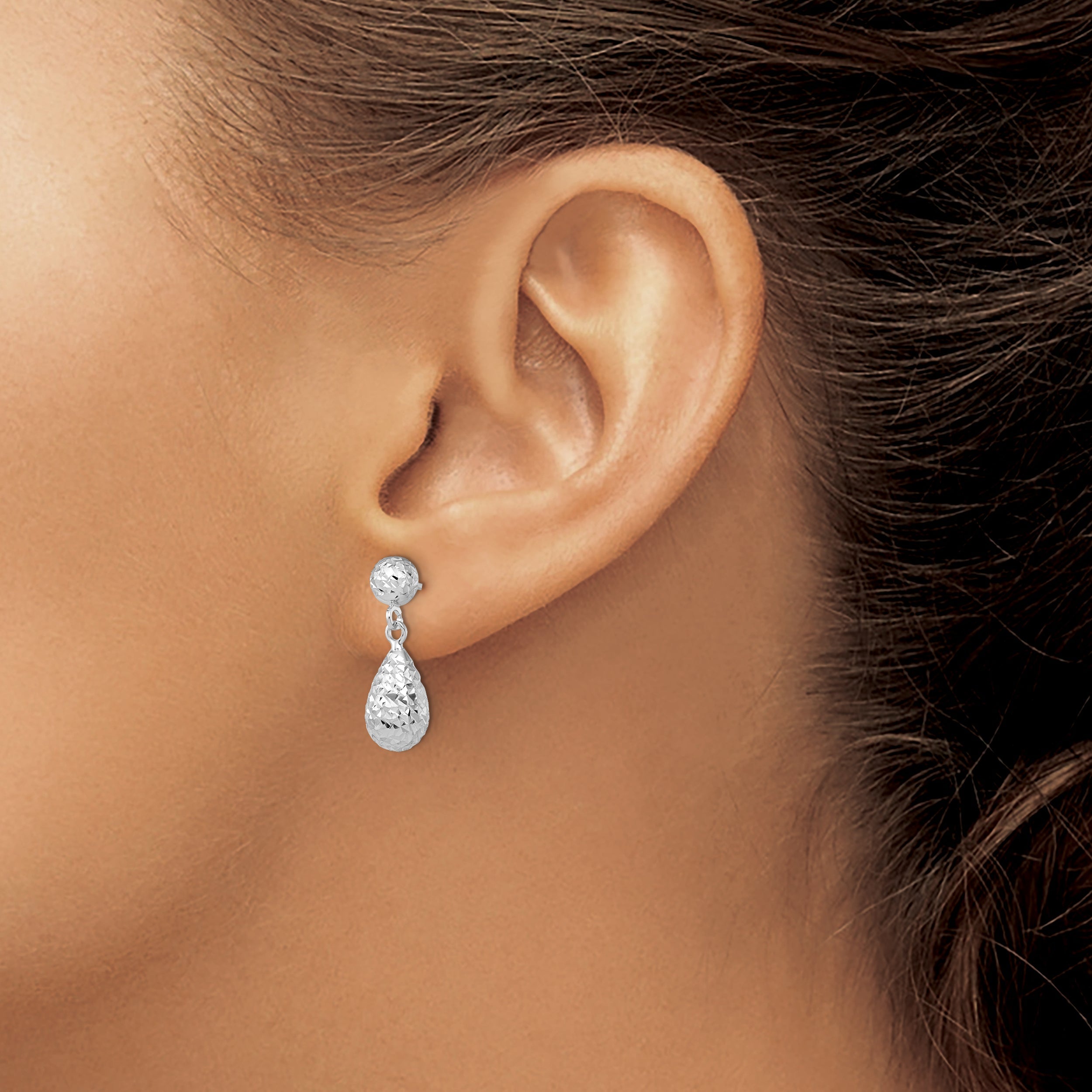 Elegant 10K White Gold Dangle Earrings With Diamond-Cut Polished Finish