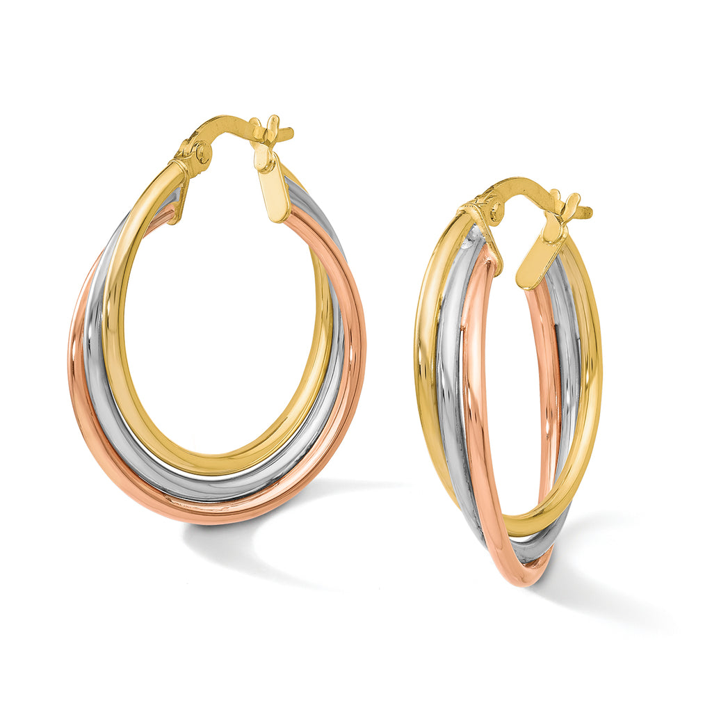 10K Tri-color Polished and Textured Twisted Hoop Earrings