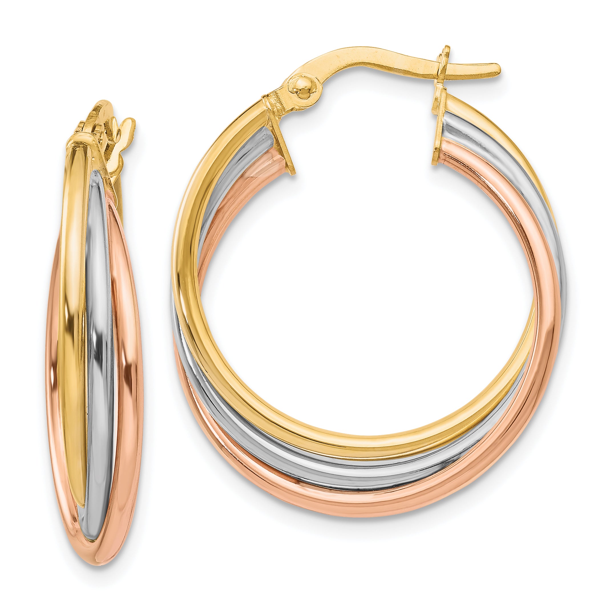 10K Tri-color Polished and Textured Twisted Hoop Earrings Main image