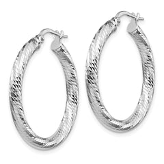 10K 3x20 White Gold D/C Round Hoop Earrings
