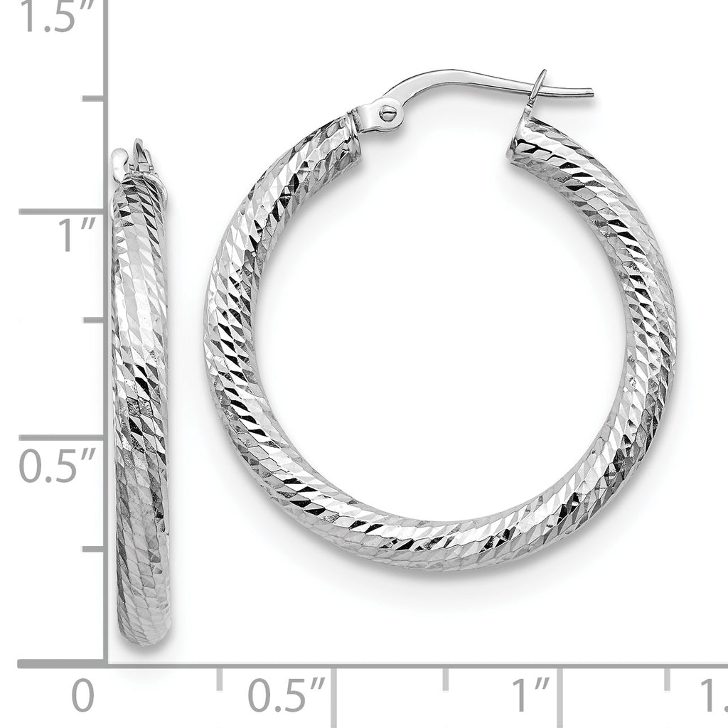 10K 3x20 White Gold D/C Round Hoop Earrings