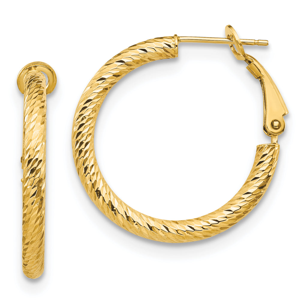 10K 3x20 D/C Round Omega Back Hoop Earrings
