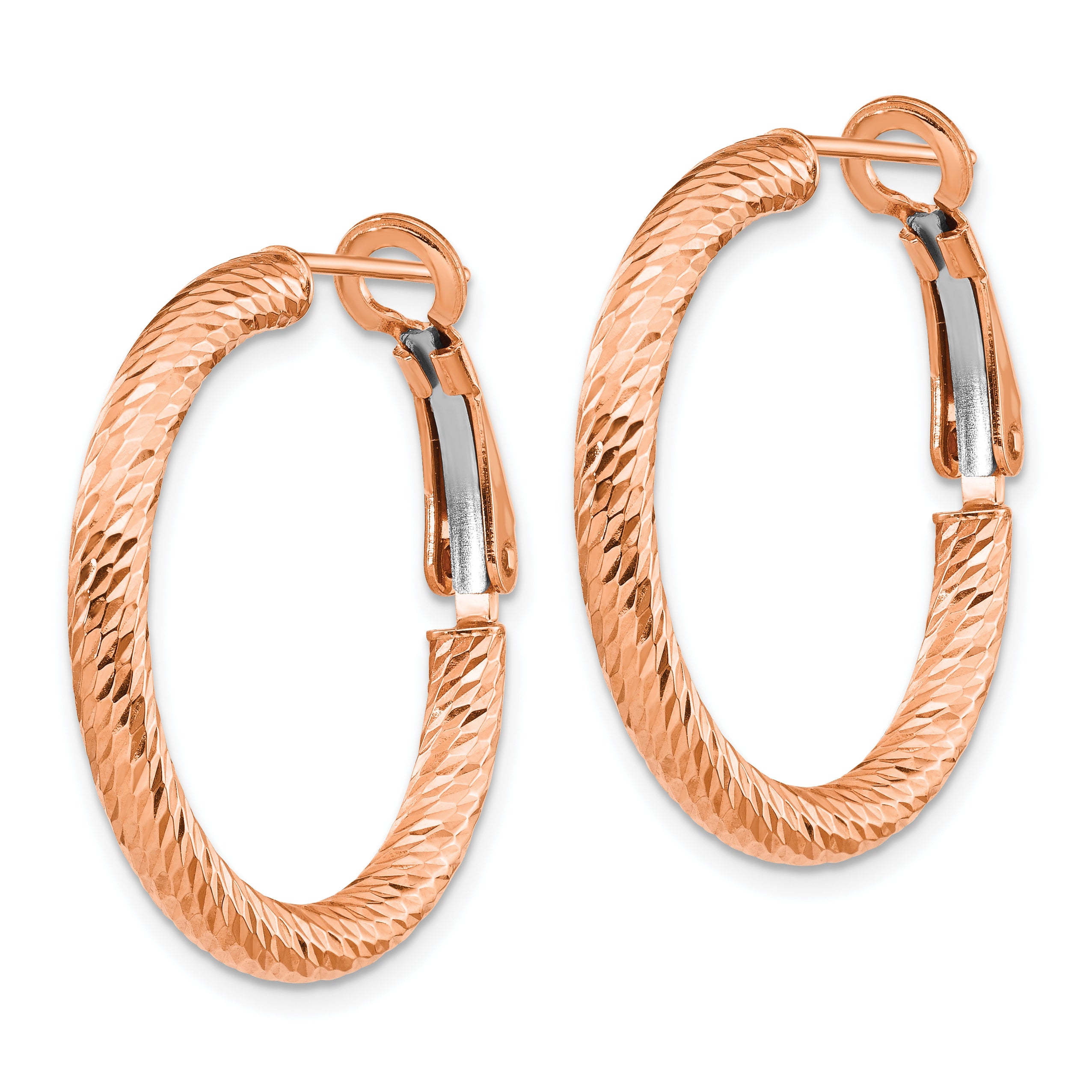 10K 3x20 with Rose Gold Plating D/C Round Omega Back Hoop Earrings Secondary image