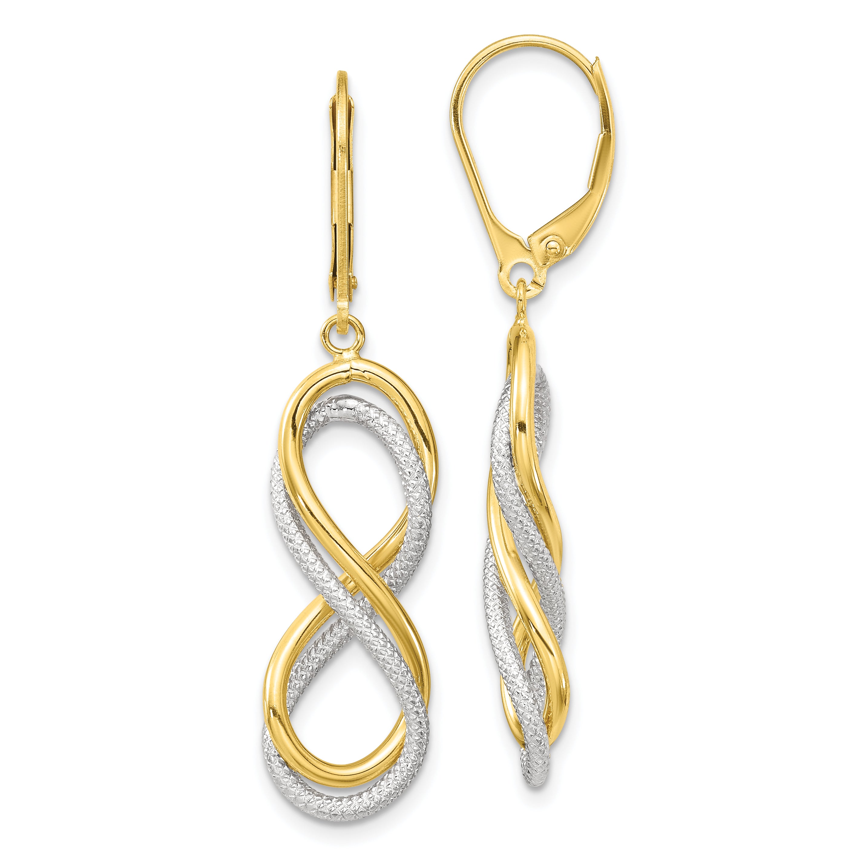 10K w/ White Rhodium Polished Textured Infinity Leverback Earrings Main image