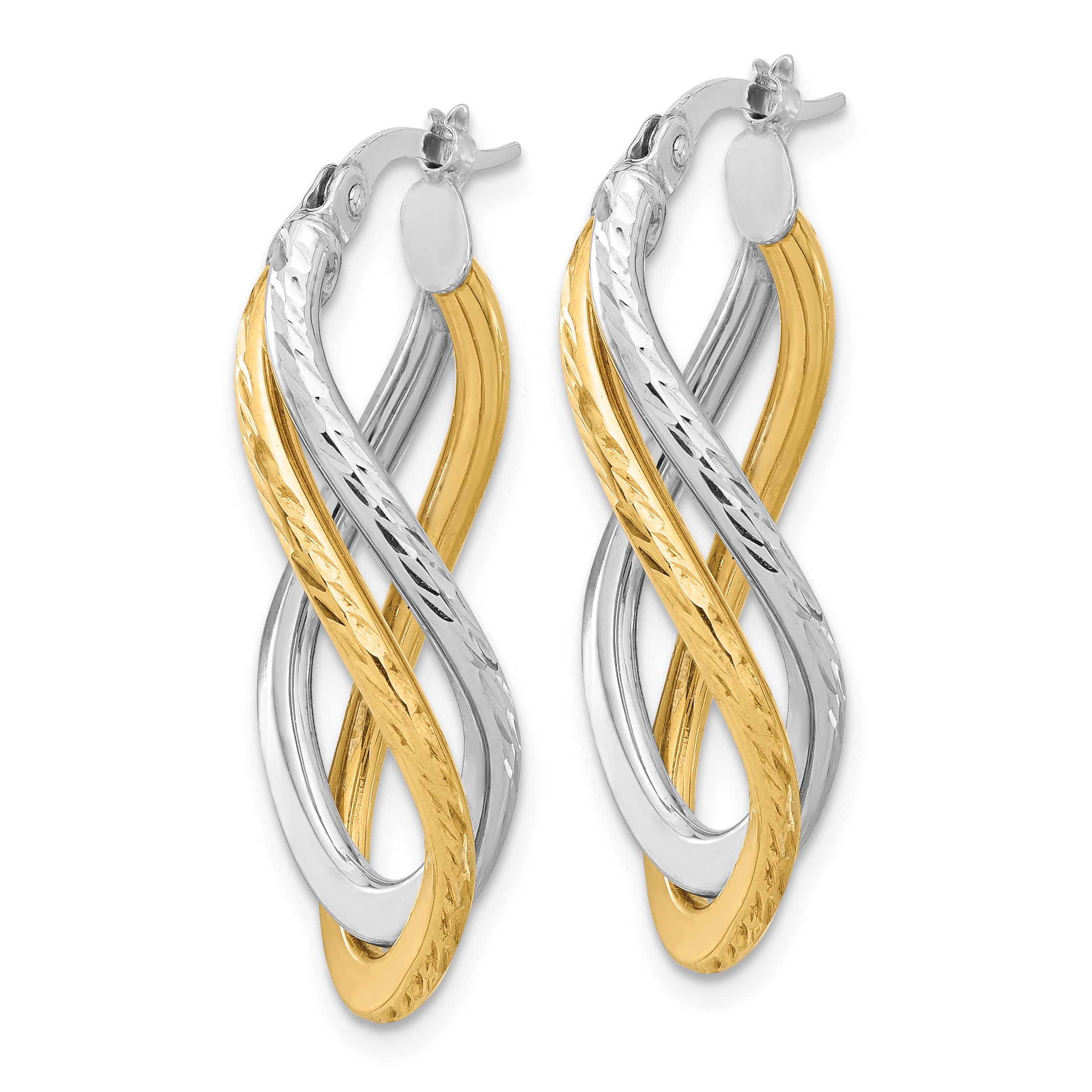 10K with Rhodium Polished and Diamond-cut Twist Hoop Earrings