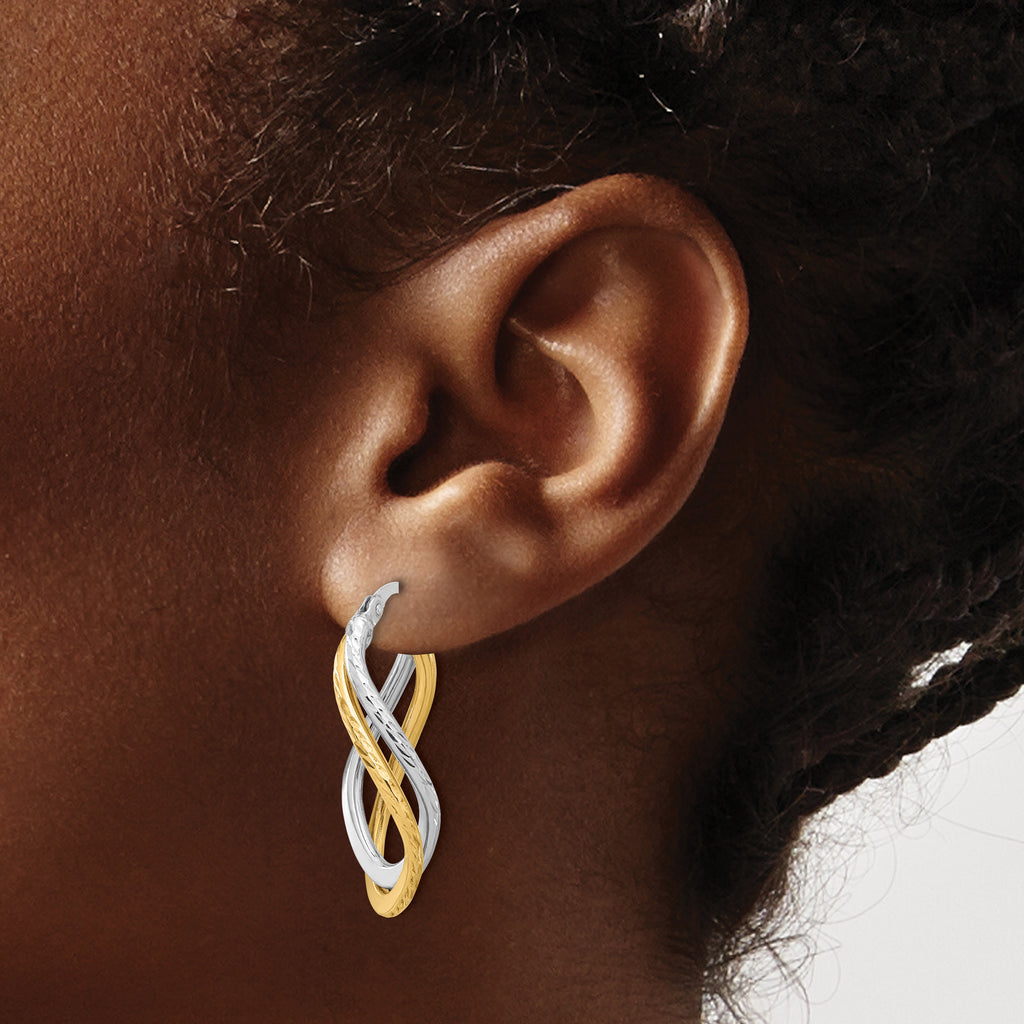 10K with Rhodium Polished and Diamond-cut Twist Hoop Earrings