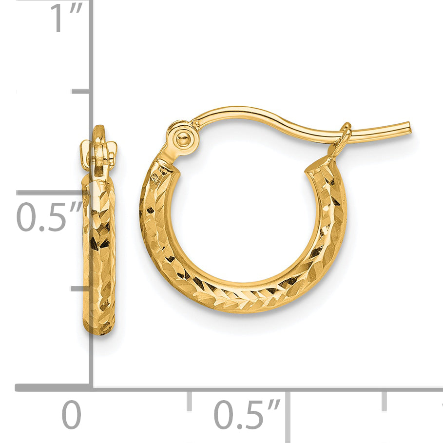 10k Diamond-cut 2mm Round Tube Hoop Earrings