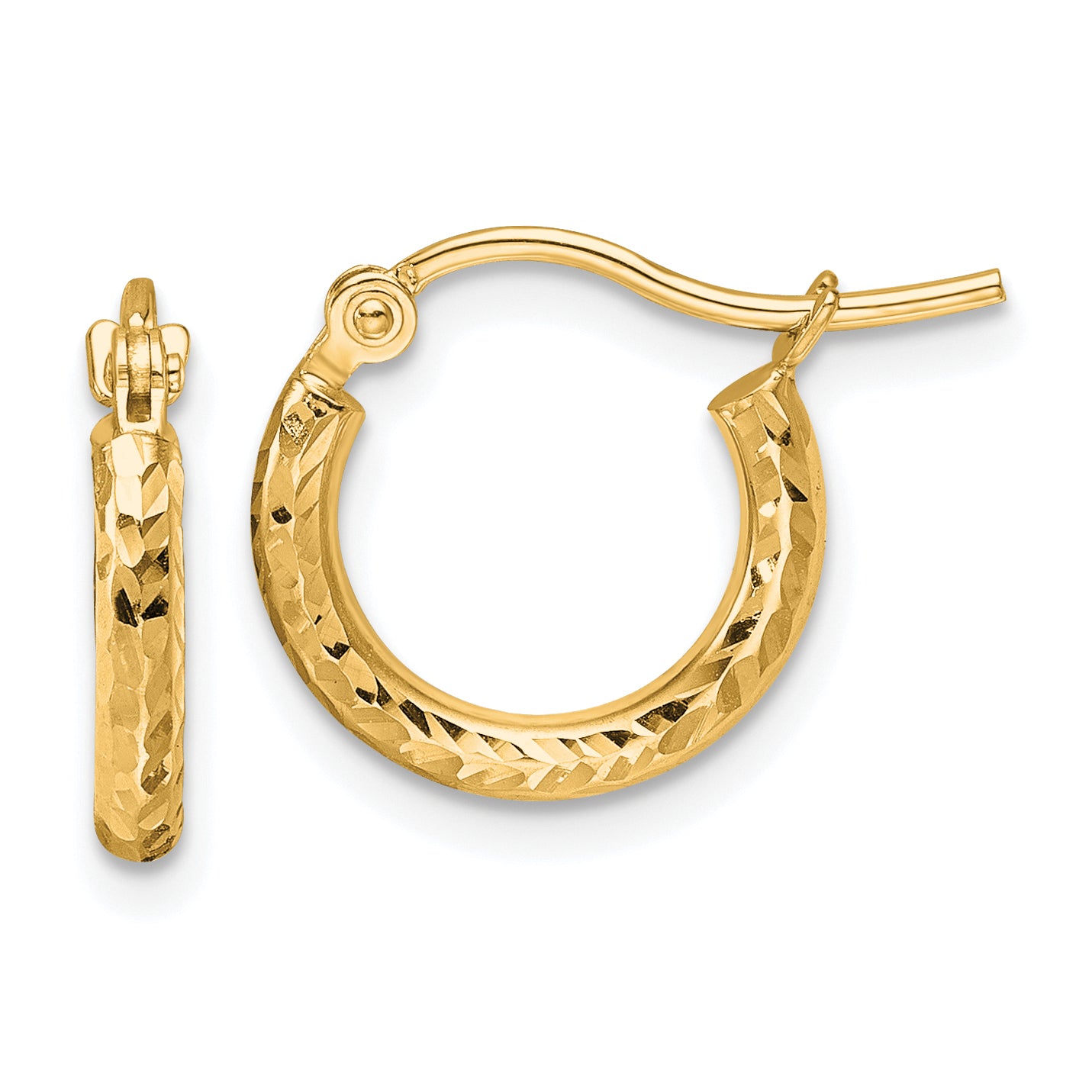 10k Diamond-cut 2mm Round Tube Hoop Earrings
