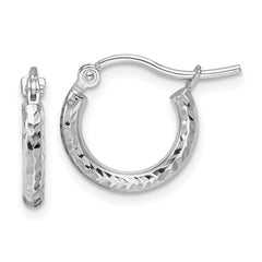 10k White Gold Diamond-cut 2mm Round Tube Hoop Earrings