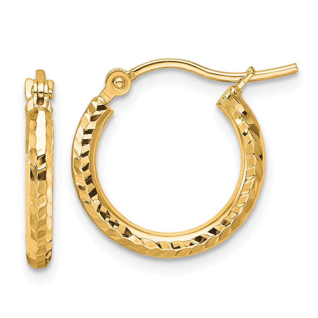 10k Diamond-cut 2mm Round Tube Hoop Earrings