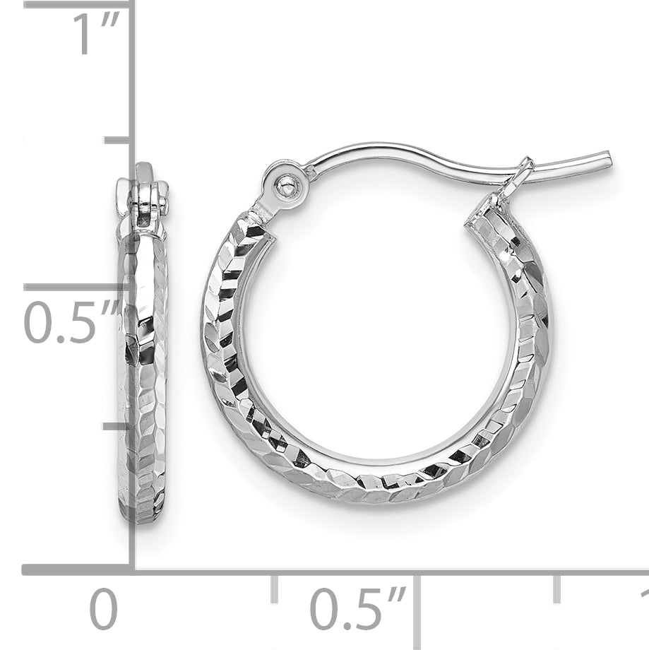 10k White Gold Diamond-cut 2mm Round Tube Hoop Earrings