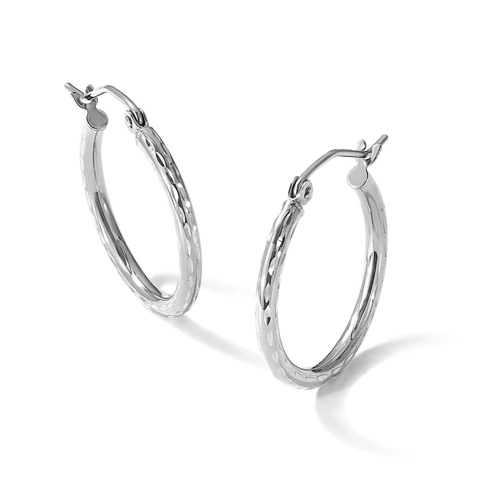 10k White Gold Diamond-cut 2mm Round Tube Hoop Earrings